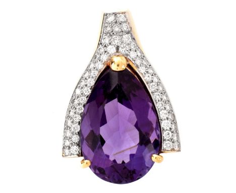Vintage Pear Shape Amethyst, Pave Set Round Brilliant Cut Diamond and 18 Karat Yellow Gold Brooch. Amethyst with vivid color,