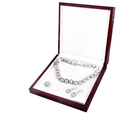 Vintage South Sea Pearl Suite Including Single Strand 12mm-16mm Pearl Necklace with Diamond, Platinum and 18 Karat White Gold