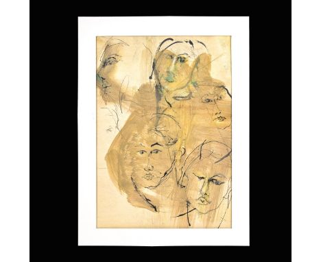 Ernest Treccani, Italian (1920 - 2009) Ink and watercolor on paper "Portrait Studies". Unsigned. Measures 22-1/4" x 16-3/4", 