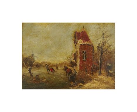 Peter Van Delft, Holland (born 1930's) Old Master style Oil on Board, Village Scene. Artist Monogram Lower Right. Good Condit