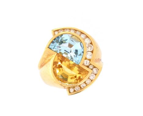 Contemporary Topaz, Citrine, Diamond 18 Karat Yellow Gold Ring. The topaz and citrine of superb quality and vivid color with 