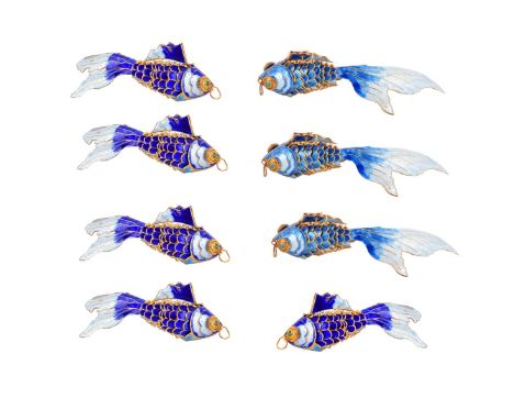 Eight (8) Vintage Cloisonne Enamel Silver Koi Fish, Pendant, Decoration. Three Sky Blue, Five Cobalt Blue. Each Measure Appro
