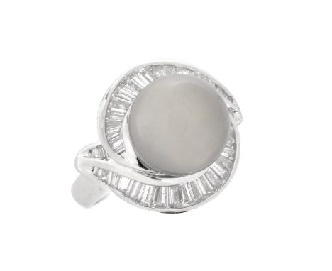 Contemporary 11.3mm Black Pearl, 1.28 Carats TW Baguette Diamond and Platinum Ring. High quality South Seas black pearl, the 