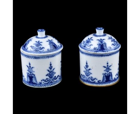 Two Early 18th Century French Saint-Cloud Blue and White Soft-Paste Porcelain Covered Pommade Pots, One with Brass Mount to B