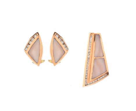 Vintage Round Brilliant Cut Diamond, Onyx and 14 Karat Pink Gold Slide Pendant and Earrings Suite. Stamped 14K. Pendant measu