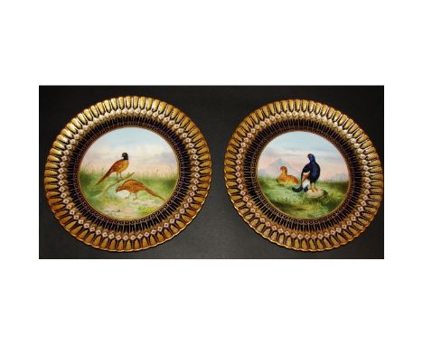 Pair of Tiffany and Co. Fine Painted Cobalt and Gold Cabinet Plates. Signed C.J. Weaver and signed Tiffany and Co. New York o