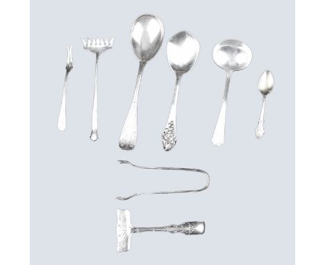 Grouping of Eight (8) Assorted Sterling Silver Tableware. Includes: two sterling tongs, sterling ladle, sterling spoon with g