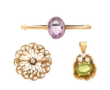 Vintage Oval Cut Peridot, Diamond and 14 Karat Yellow Gold Pendant, a Vintage 14 Karat Yellow Gold and Diamond Pin and an Ant