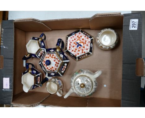 A mixed collection of ceramic items to include Imari ironstone teapot set, Sudlows gilded teapot, cream and sugar set etc