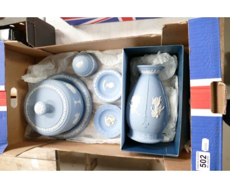 A mixed collection of items to include light blue Wedgwood jasperware stilton cheese dish an unusual boxed dancing hours vase