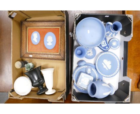 A large collection of Wedgwood Blue jasperware including large bowl, trinket box vases together with cream ware and framed me