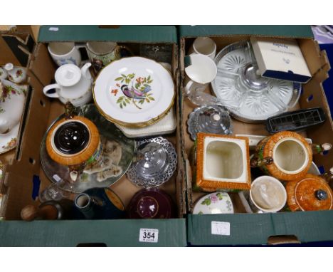 A collection of pottery and glassware items including Wade whisky decanters, Beswick cottage ware, Carnival glass dish, Spode