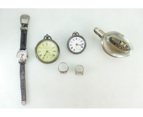 Graves Of Sheffield silver gents watch (missing rear cover), ladies silver pocket watch (A/F), two silver rings, Hopalong Cas