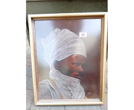 Original acrylic on felt picture of man in head scarf signed Enbee 