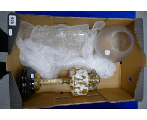 Victorian oil lamp with multicoloured bowl, corinthian brass column and brass fittings with opaque etched glass shade and cle