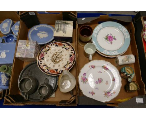 A collection of items including Pewter tray and pots, various Spode plates, Royal Doulton and other character jugs, Masons cl