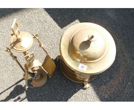 A brass lidded coal bucket with a fireside tool set on hanging barleytwist stand. (2).
