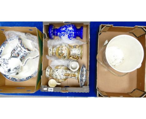 A mixed collection of ceramic items to include modern ceramic satsuma decorated vases together with earlier water jug and bow