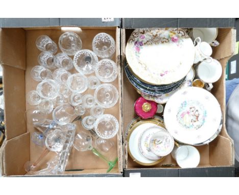 A mixed collection of items to include decorative Caverswall Spode and Royal Doulton decorative plates, cups and cut glass dr