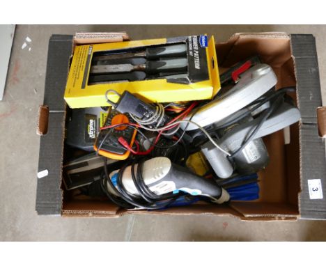 A mixed collection of tools to include - a McAllister drill, circular saw, Pendulum jigsaw, vintage cameras, files etc 