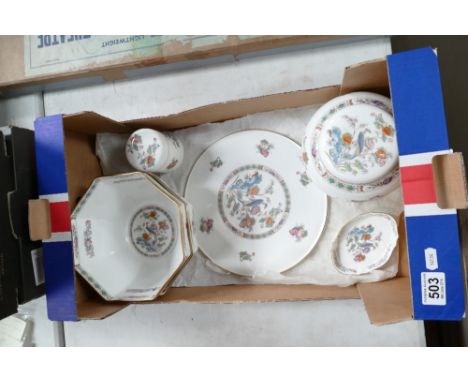 Six pieces of Wedgwood Kutani Crane including a pair of octagonal 21cm fruit bowls, cake plate, ginger jar with lid, small ci