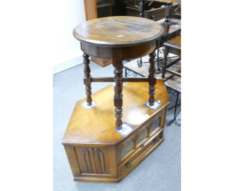 Reproduction light oak TV corner unit and a Victorian oak circular side table (2)