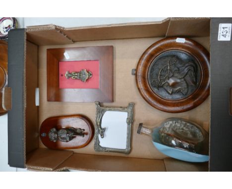 A mixed collection of items to include Cornist Pixie brass mounted door knocker, similar bronzed item, brass Art Nouveau styl