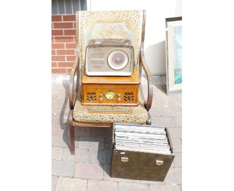 Reproduction armchair, Itek branded record player, Bush Bakelit Radio & a collection of records (4)