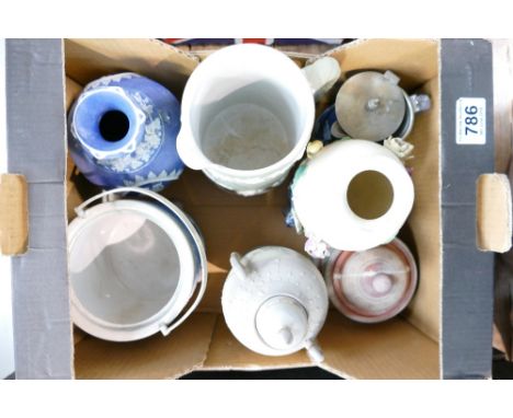 A collection of pottery including Wedgwood dip green jasperware jug, dark blue jasperware items, Noritake two handled vase an
