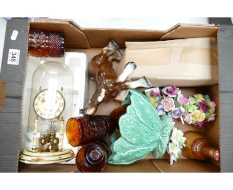 A mixed collection of items to include mid century glassware, ceramic flower sets, shire horse and decorative mantle clock
