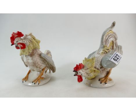 Pair of continental ceramic figures of fighting cocks (2)