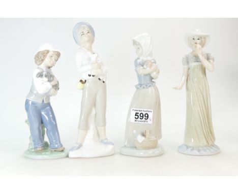 Two Lladro Nao figures of children with puppies & 3 others (5)