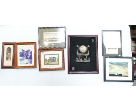 A collection of watercolours & prints of local interest, a oriental bronzed mounted decorative item etc (7)