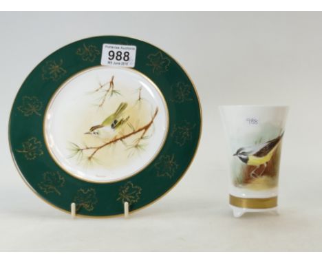 Royal Worcester hand painted Ventura plate ( 20.5cm diameter) together with a vase decorated with a yellow wagtail (no backst