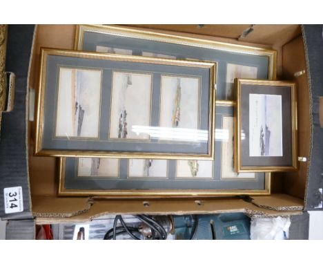 A collection of framed small watercolour landscape and seascape scenes, some with verse