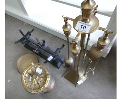 A brass fire side tool set on hanger stand, with a set of scales and coal box stand 