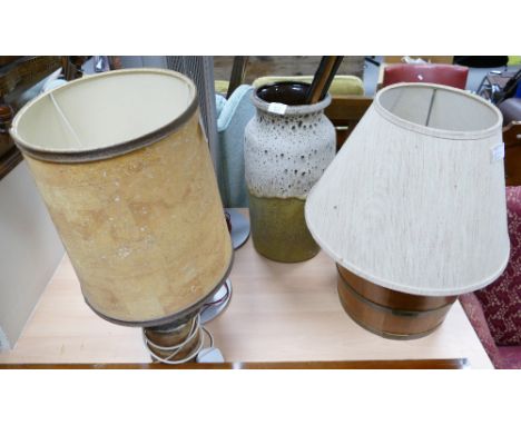 Stone ware large vase/walking stick stand and similar table lamp, brass bound barrel, decorative spherical lamp and 5 walking