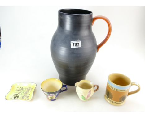 Crown Decon Art Deco large handled jug, height 34cm, T G Green mug, Carltonware jug etc (5)