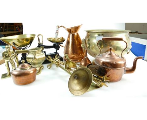 A Libra scales & weights, brass planter, copper kettles etc (3)