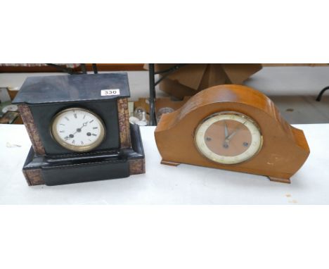 Early twentieth century slate mantle clock and later oak similar item