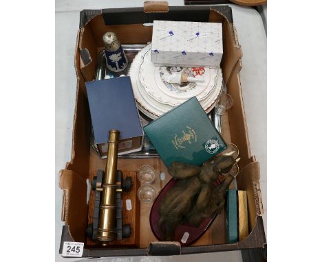 A collection of plates, Wedgwood sugar sifter, hunting scene shot glasses, figure of elephant and baby, glass vase etc (1 tra