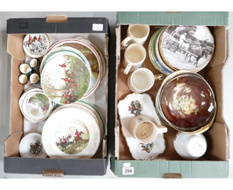 Large quantity Horse related plates (x 57), Horse mugs, 4 x small Doulton Toby Jugs, Carlton ware etc - Two trays