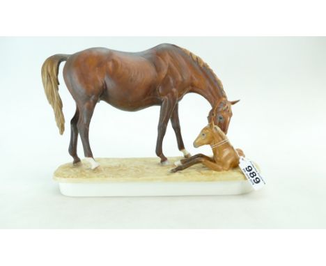 Royal Worcester model of Mare & foal "New Born" by Doris Lindler, (restored tail and wooden base missing)