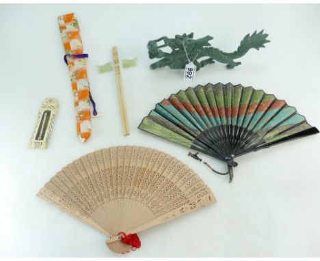 A hand carved Chinese dragon in good condition (27cm length), together with 19th Century thermometer in carved bone frame (13