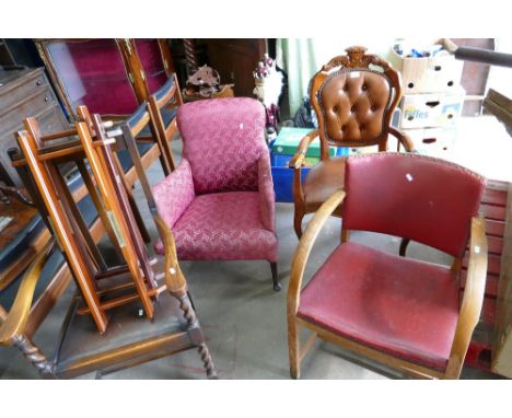 A selection of armchairs to include a reproduction French Style needlepoint chair, an upholstered Queen Anne leg chair, 1940'