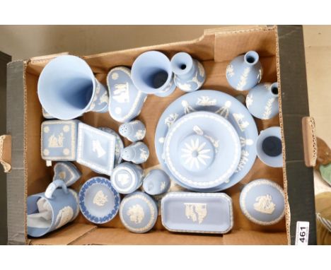 A collection of Wedgwood blue jasperware items including cups, trinket boxes, ashtrays, tri-coloured pin trays etc