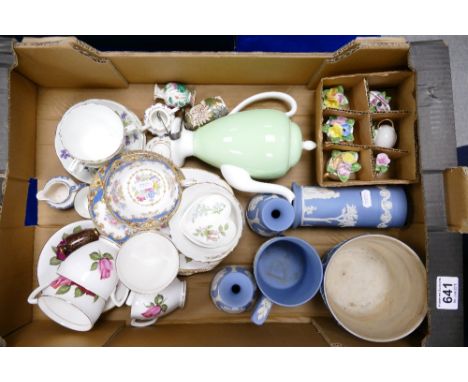 A mixed collection of items inc wedgwood jasper ware items, shelley floral tea cup and saucer, sandford branded ceramic flowe