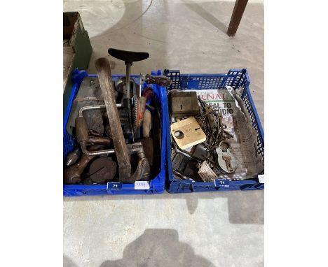 A box of carpentry tools and a box of locks and keys