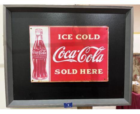 A reproduction enamel sign 'Coca Cola'. Framed. The sign 10' x 14'