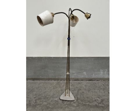 A 1950s gilt brass tubular lamp standard with three lights on flexible stems. 57' high